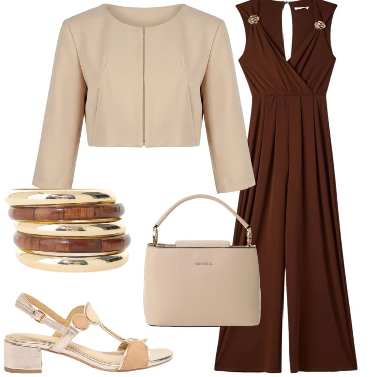 Outfit donna - Chic Terroso. Stile Urban per Serata fuori. Abbinamento con sandali col tacco, tute, borse a secchiello, bolero, orecchini, cappotti.