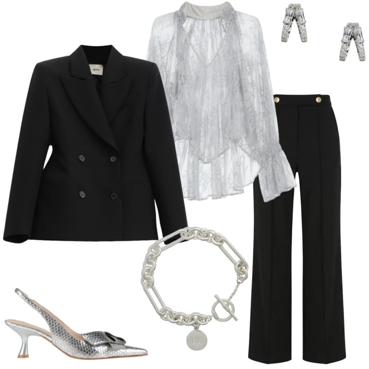 Outfit donna - Finishing touch. Stile Chic per Cerimonia. Abbinamento con décolleté, bluse, pantaloni, blazer, braccialetti, orecchini.