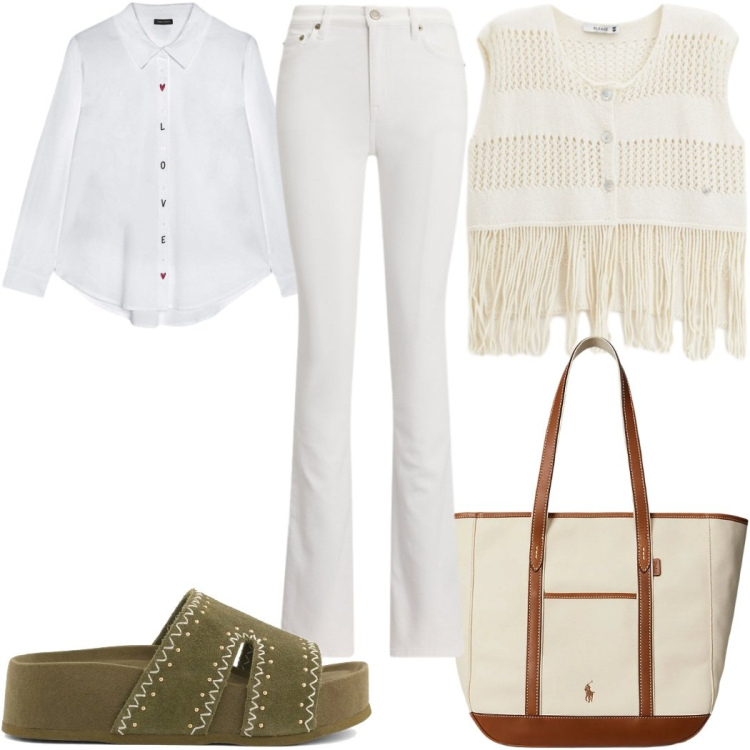 Outfit donna - Total look #2399503. Stile Etnico per Tutti i giorni. Abbinamento con top, camicie, borse tote, jeans bootcut, ciabatte.