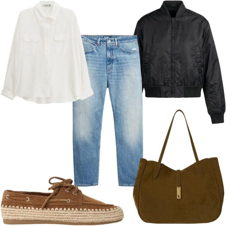 Outfit donna - Total look #2399507. Stile Casual per Tutti i giorni. Abbinamento con camicie, scarpe stringate, bomber, borse tote, jeans.