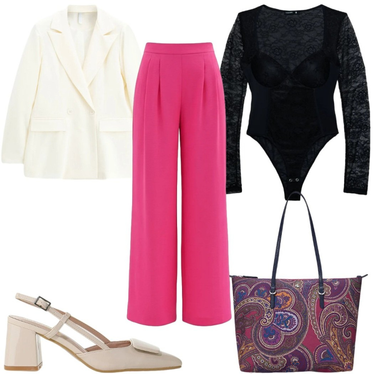 Outfit donna - Total look #2399509. Stile Trendy per Tutti i giorni. Abbinamento con t-shirt, décolleté, blazer, pantaloni a palazzo, borse tote.