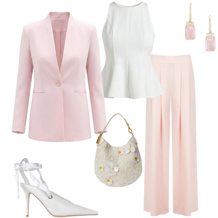 Outfit donna - Finishing touch. Stile Chic per Cerimonia. Abbinamento con décolleté, canottiere, pantaloni a palazzo, blazer, pochette, orecchini.