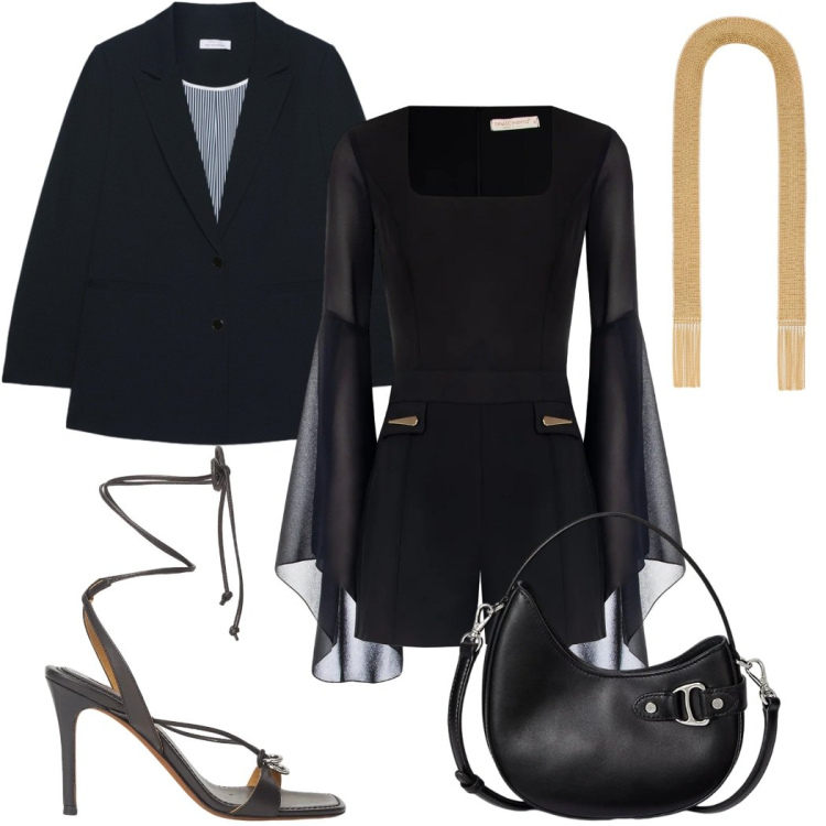Outfit donna - Total look #2399512. Stile Trendy per Serata fuori. Abbinamento con tuta corta, blazer, borse a tracolla, collane, sandali in pelle.
