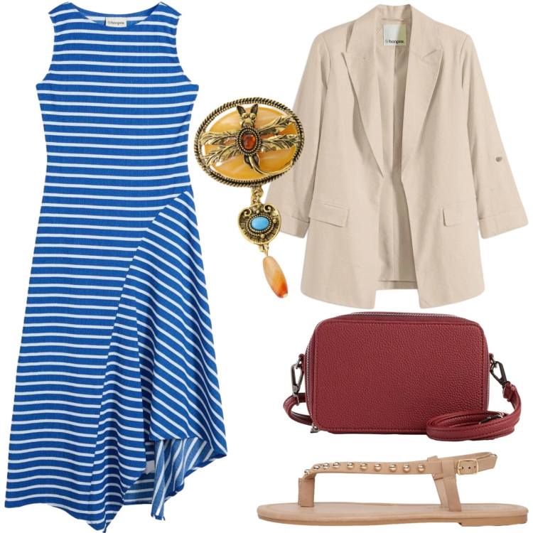 Outfit donna - Stile marino. Stile Glamour per Tutti i giorni. Abbinamento con vestiti lunghi, borse a tracolla, blazer, ciabatte, maglieria.