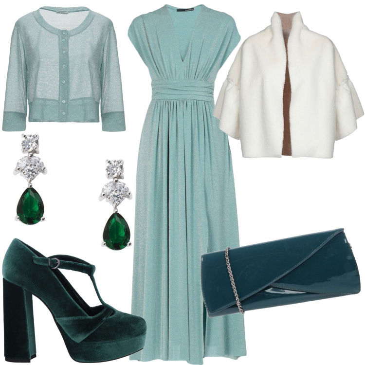 Outfit donna - Chic e romantica. Stile Chic per Serata fuori. Abbinamento con vestito lungo senza tasche effetto laminato collo a v a maniche corte con zip interno foderato jersey, cardigan lavorato a maglia collo tondo a maniche 3/4 tinta unita, ecopelliccia, décolleté, borsa a mano effetto vernice con zip interno foderato tinta unita, orecchini con farfallina in placcato rodio.