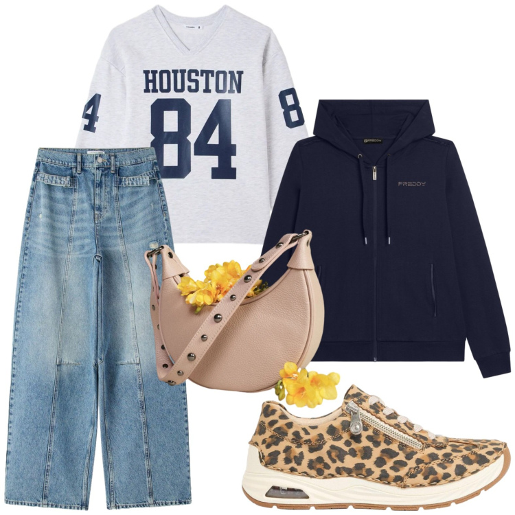Outfit donna - Felpa houston. Stile Casual per Tutti i giorni. Abbinamento con sneakers, jeans, t-shirt, borse a spalla, felpe con cappuccio.