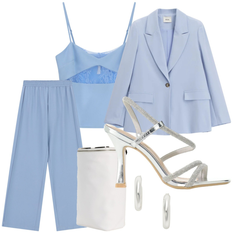 Outfit donna - Accessori silver. Stile Glamour per Tutti i giorni. Abbinamento con zaini, pantaloni a palazzo, canottiere, sandali col tacco, blazer, orecchini.