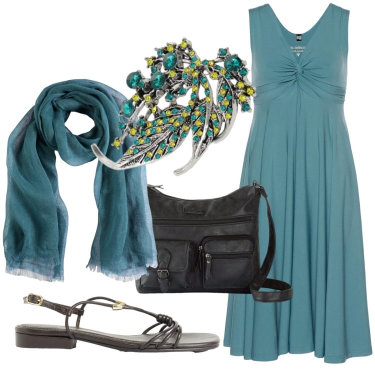 Outfit donna - Il vestito avvolgente. Stile Trendy per Tutti i giorni. Abbinamento con vestiti, borse a tracolla, sciarpe, sandali, blazer.