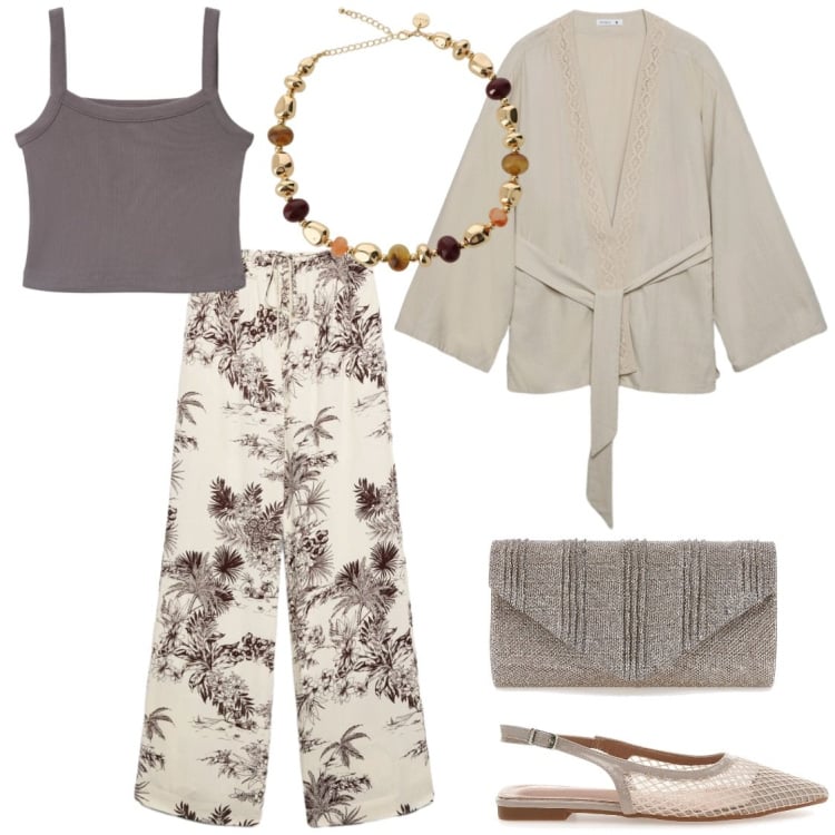 Outfit donna - Kimono. Stile Boho per Cerimonia. Abbinamento con pantaloni, kimono, canottiere, collane, ballerine, clutch.