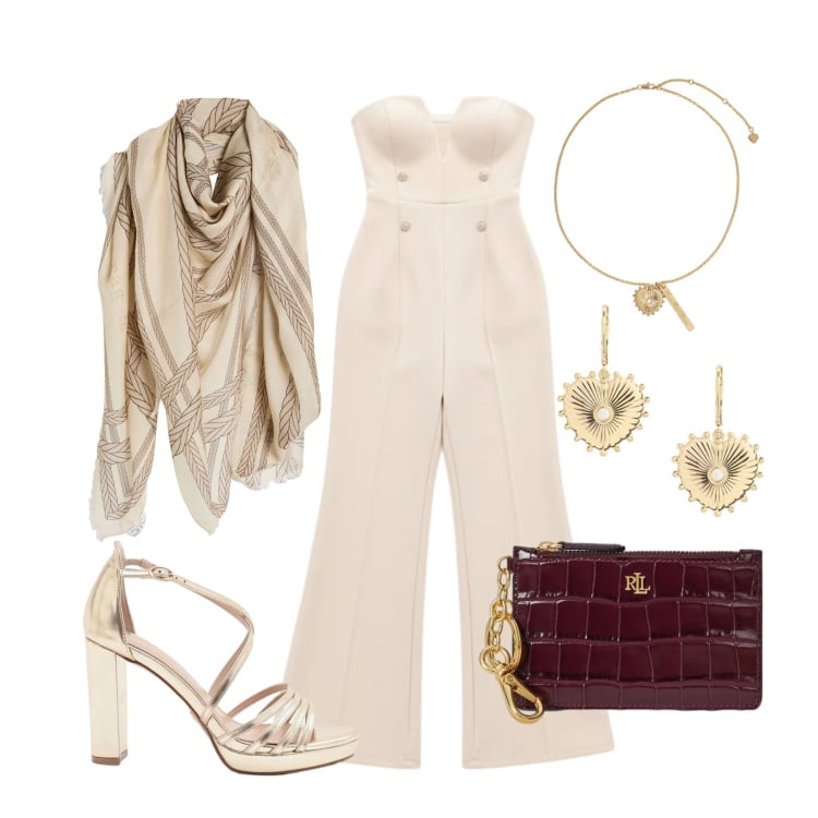 Outfit donna - Maggio. Stile Chic per Cerimonia. Abbinamento con sciarpe, tute, sandali col tacco, portafogli, orecchini, ciondoli.