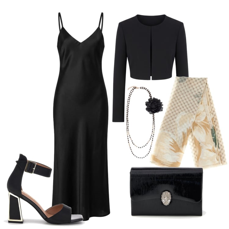 Outfit donna - Maggio. Stile Chic per Cerimonia. Abbinamento con vestiti lunghi, bolero, collane, sandali col tacco, foulard, pochette.