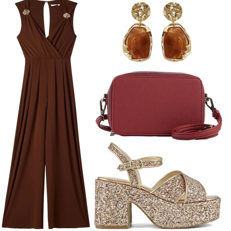 Outfit donna - Chandelier ambra. Stile Casual per Serata fuori. Abbinamento con borse a tracolla, tute, orecchini, sandali.