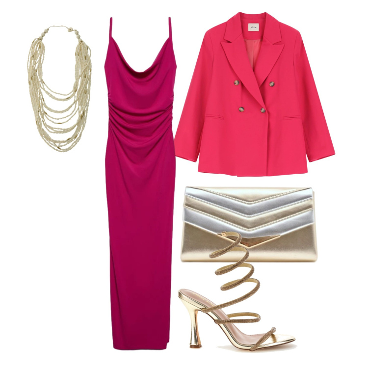 Outfit donna - Maggio. Stile Chic per Cerimonia. Abbinamento con vestiti lunghi, collane, pochette, blazer, sandali col tacco.