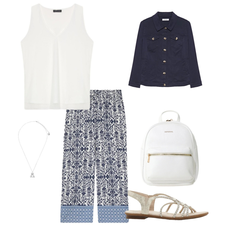 Outfit donna - Passeggiata lungomare. Stile Casual per Mare. Abbinamento con sandali, zaini, pantaloni, blazer, top, ciondoli.