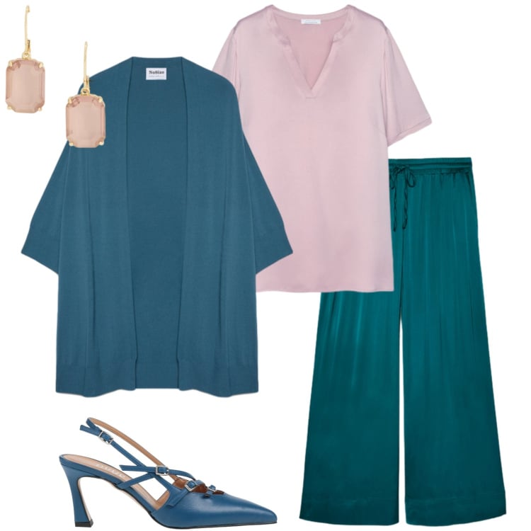 Outfit donna - Fiorella Rubino. Stile Casual chic per Ufficio. Abbinamento con décolleté, cardigans, t-shirt, pantaloni, orecchini.