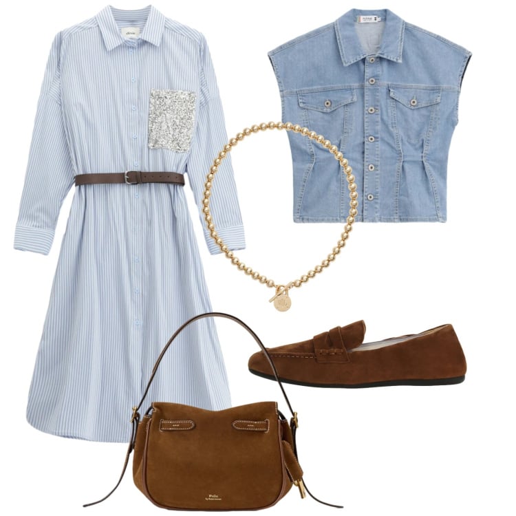 Outfit donna - Una mattina. Stile Trendy per Tutti i giorni. Abbinamento con gilet, mocassini, vestiti lunghi, collane, borse a mano.