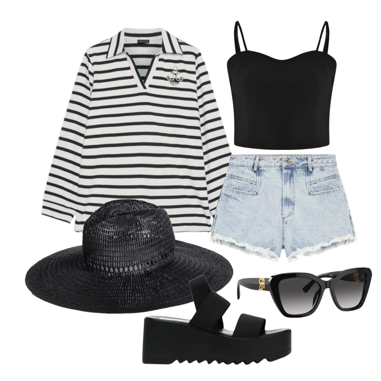 Outfit donna - Maggio. Stile Casual chic per Mare. Abbinamento con cappelli, sandali col tacco, top, shorts, polo, occhiali da sole.