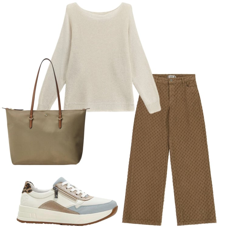 Outfit donna - Tutti i giorni. Stile Casual chic per Tutti i giorni. Abbinamento con sneakers, pantaloni, maglieria, borse tote.