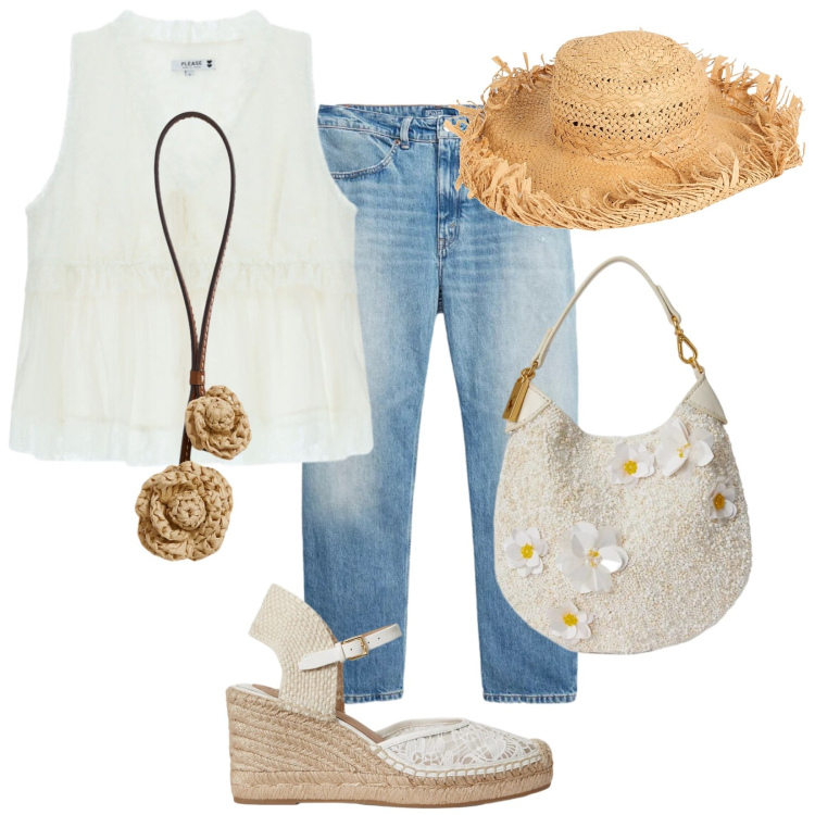 Outfit donna - Procida. Stile Etnico per Tutti i giorni. Abbinamento con cappelli, top, espadrillas, jeans, ciondoli, pochette.