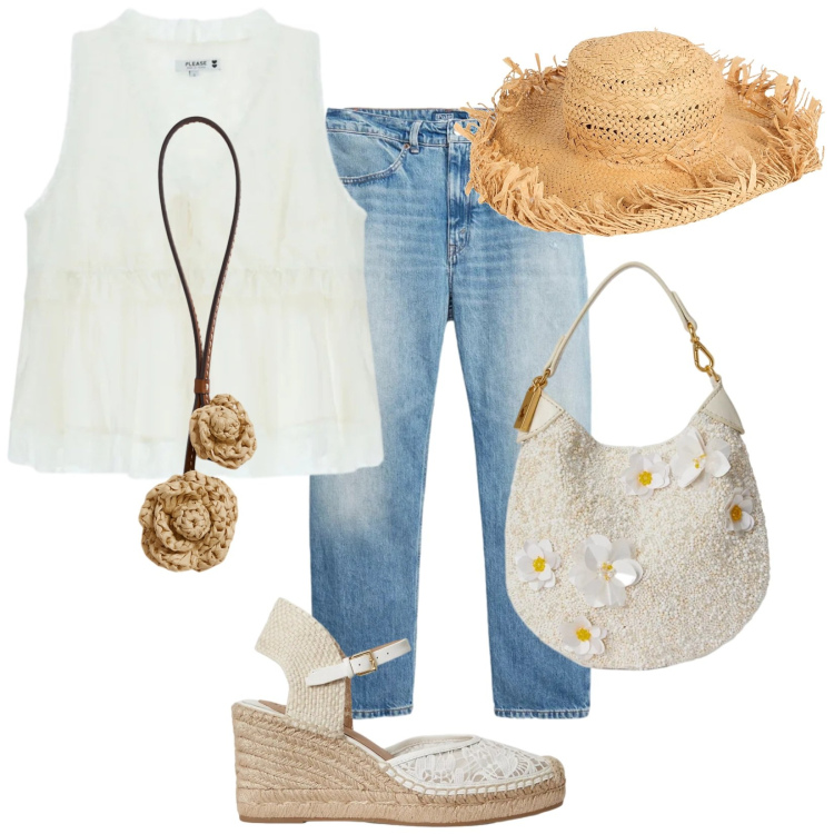 Outfit donna - Ventotene. Stile Etnico per Tutti i giorni. Abbinamento con cappelli, top, espadrillas, ciondoli, pochette, jeans.