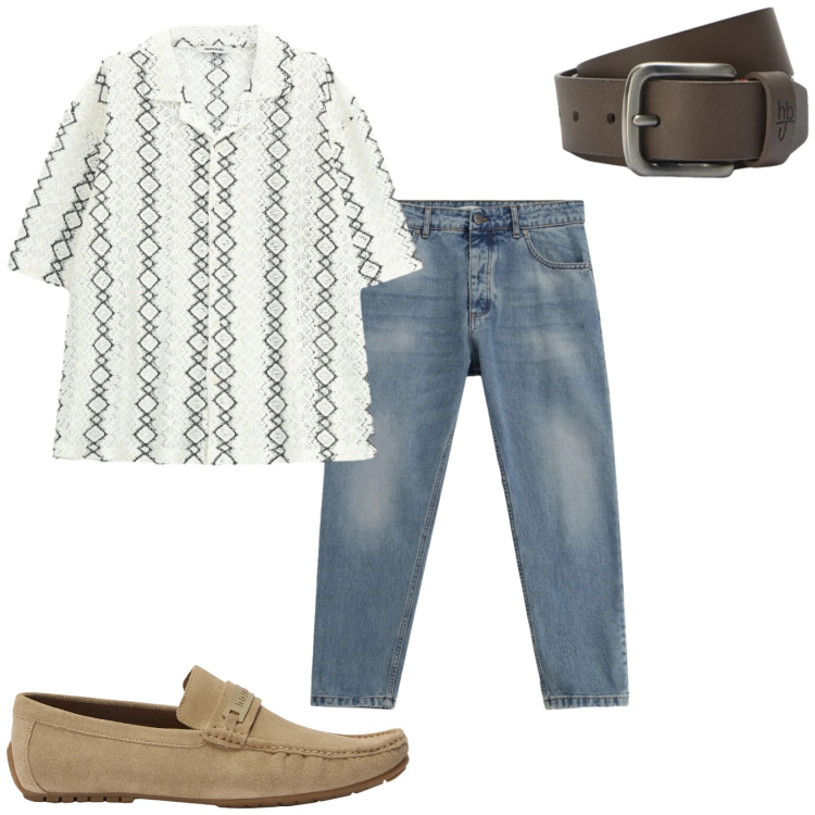 Outfit uomo - La camicia fantasia. Stile Casual per Tutti i giorni. Abbinamento con jeans, camicie a manica corta, scarpe stringate, cinture.