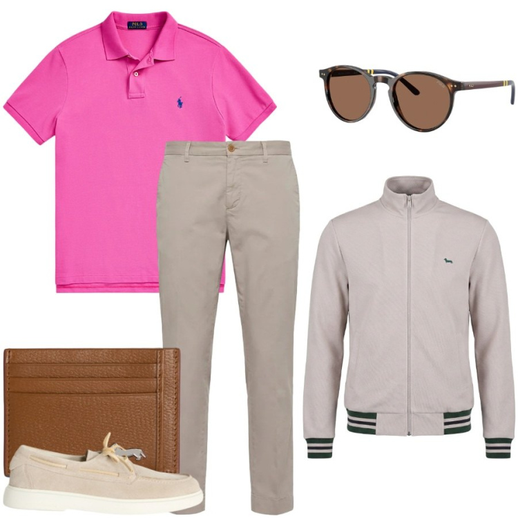 Outfit uomo - Total look #2399573. Stile Urban per Ufficio. Abbinamento con scarpe stringate, portafogli, felpe, pantaloni chino, occhiali da sole, polo.