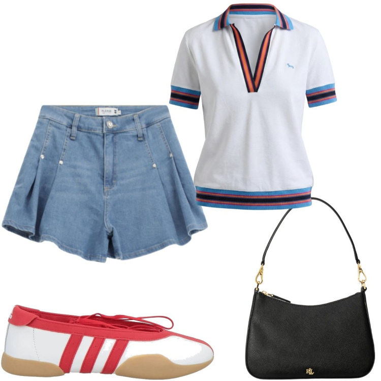 Outfit donna - Ballerine sportive. Stile Urban per Tutti i giorni. Abbinamento con ballerine, polo, shorts, borse a spalla.