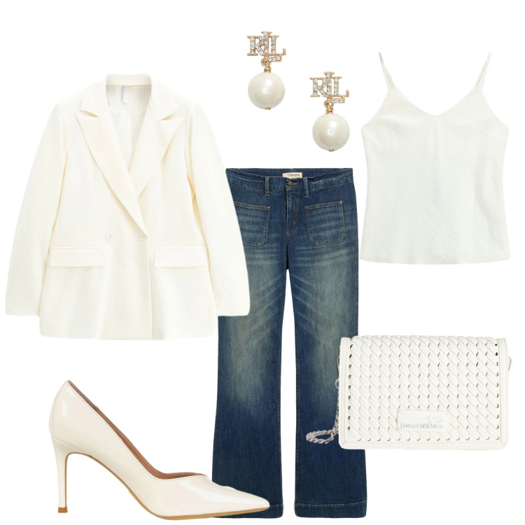 Outfit donna - Aperichic. Stile Casual chic per Serata fuori. Abbinamento con jeans a zampa, borse a tracolla, canottiere, blazer, décolleté, orecchini.