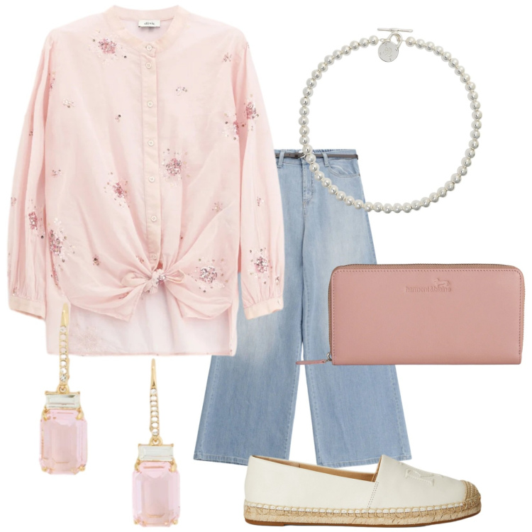 Outfit donna - Rosa delicato. Stile Casual chic per Tutti i giorni. Abbinamento con portafogli, jeans, camicie, collane, orecchini, espadrillas.