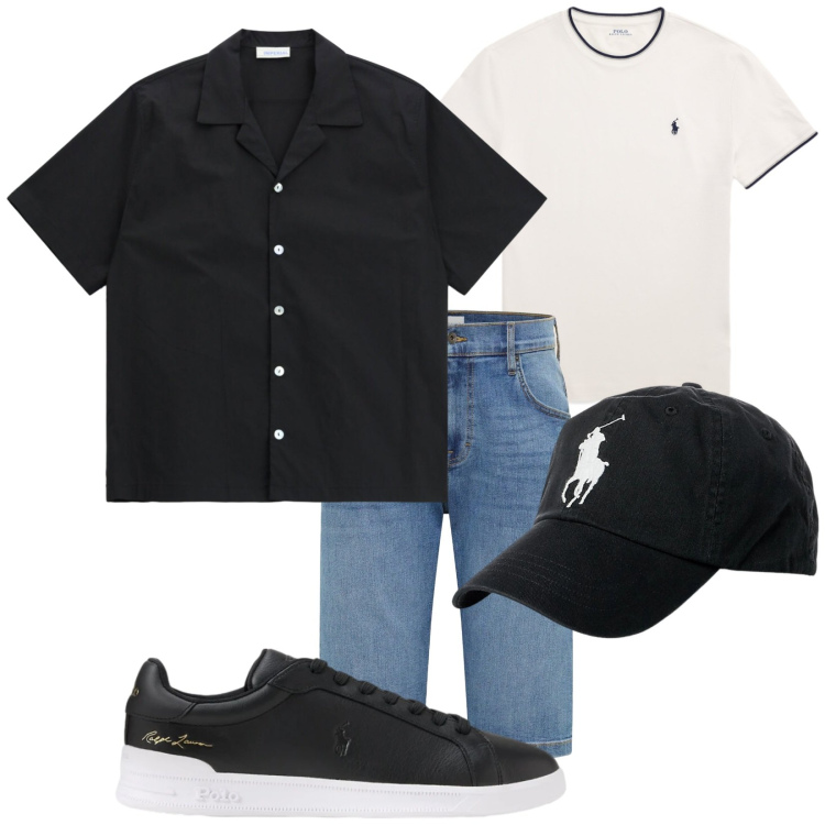 Outfit uomo - Total look #2399605. Stile Trendy per Tutti i giorni. Abbinamento con bermuda, camicie a manica corta, cappelli, t-shirt, sneakers.