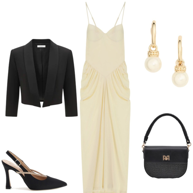 Outfit donna - Total look #2399610. Stile Glamour per Cerimonia. Abbinamento con vestiti lunghi, borse a spalla, bolero, orecchini, décolleté.