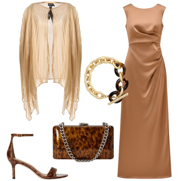 Outfit donna - Total look #2399620. Stile Chic per Cerimonia. Abbinamento con cappe, vestiti lunghi, braccialetti, sandali in pelle, clutch.