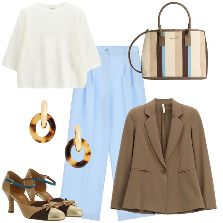 Outfit donna - Giornata di lavoro. Stile Casual per Ufficio. Abbinamento con shopping bag, blazer, pantaloni a palazzo, décolleté, maglieria, orecchini.