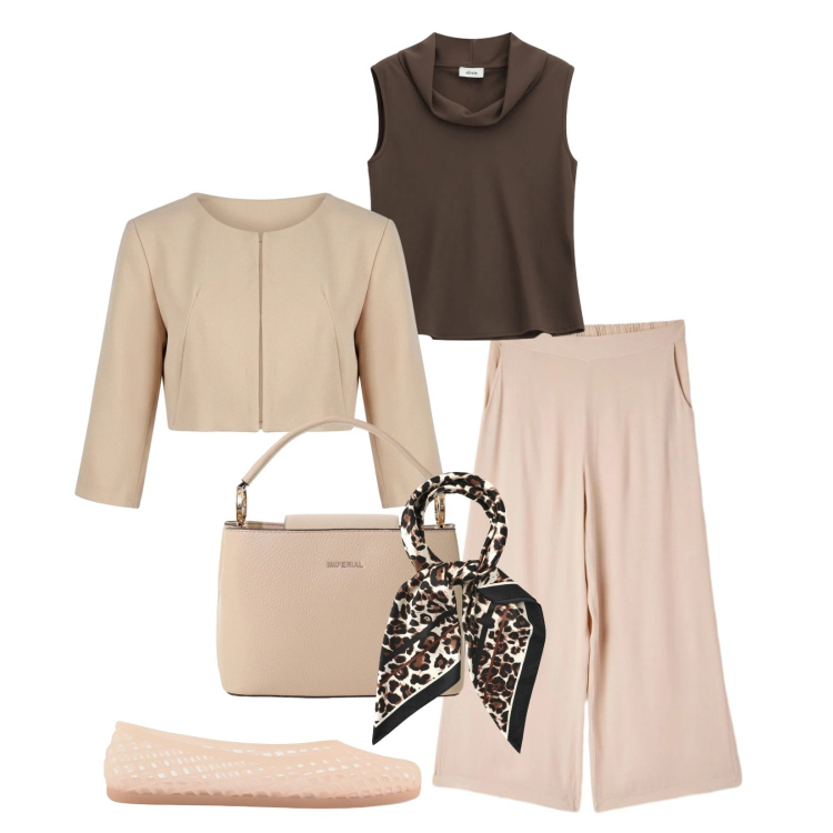 Outfit donna - Total look #2399626. Stile Casual chic per Ufficio. Abbinamento con foulard, pantaloni a palazzo, borse a secchiello, bolero, top, ballerine.