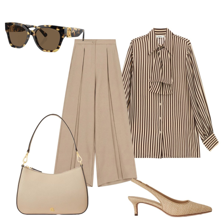 Outfit donna - Elegante e impeccabile per la Cerimonia. Stile Chic per Cerimonia. Abbinamento con pantaloni a palazzo, camicie, occhiali da sole, borse a spalla, décolleté.