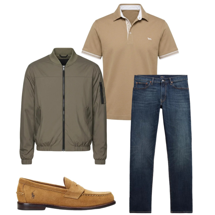 Outfit uomo - Total look #2399634. Stile Trendy per Tutti i giorni. Abbinamento con polo, scarpe stringate, jeans, bomber.