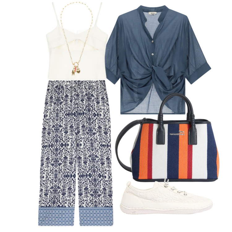 Outfit donna - Maggio. Stile Casual per Tutti i giorni. Abbinamento con sneakers, shopping bag, canottiere, camicie, pantaloni, ciondoli.