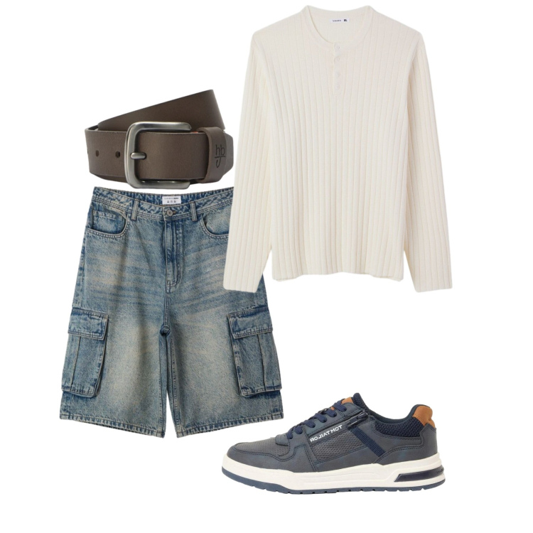 Outfit uomo - In anticipo. Stile Casual per Tutti i giorni. Abbinamento con sneakers, pantaloni corti, maglieria, cinture.