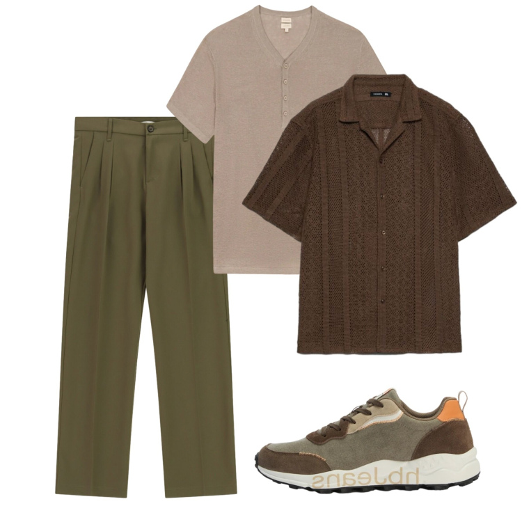 Outfit uomo - Tonalità terra. Stile Casual per Tutti i giorni. Abbinamento con camicie a manica corta, pantaloni, sneakers, t-shirt.