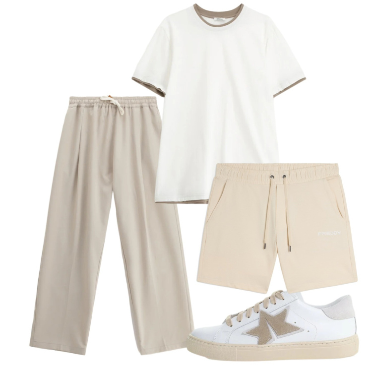 Outfit uomo - Fine settimana. Stile Casual per Tutti i giorni. Abbinamento con t-shirt, pantaloni, sneakers, pantaloni corti.