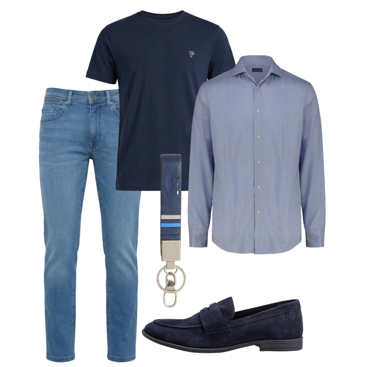 Outfit uomo - Aperitivo in blu. Stile Casual per Tutti i giorni. Abbinamento con portachiavi, t-shirt, jeans slim fit, camicie, scarpe stringate.