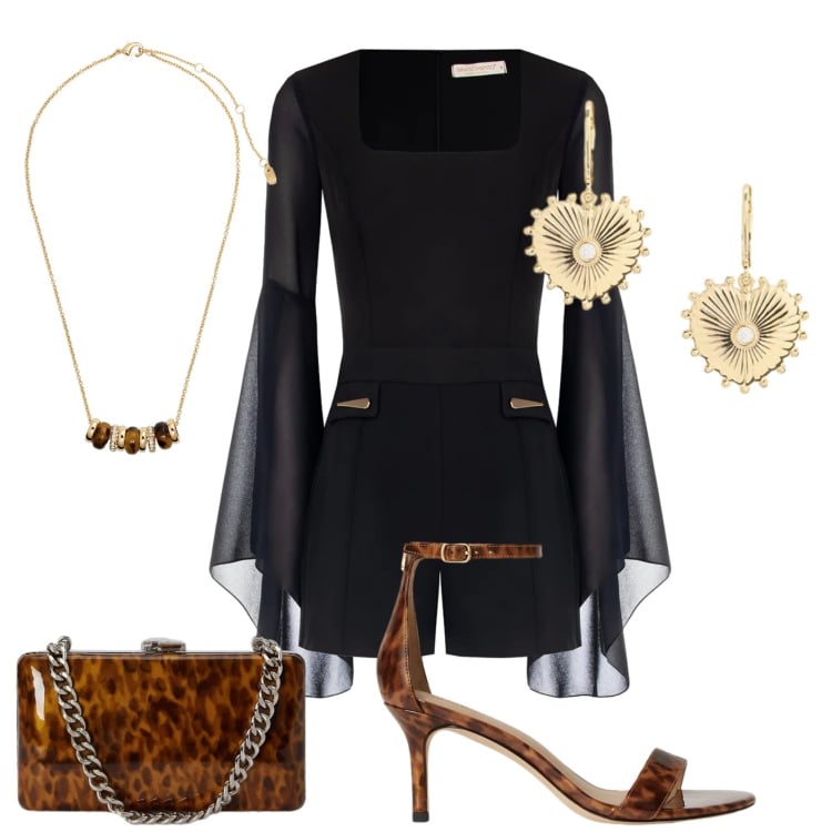 Outfit donna - Total look #2399658. Stile Glamour per Serata fuori. Abbinamento con tuta corta, collane, orecchini, sandali in pelle, clutch.