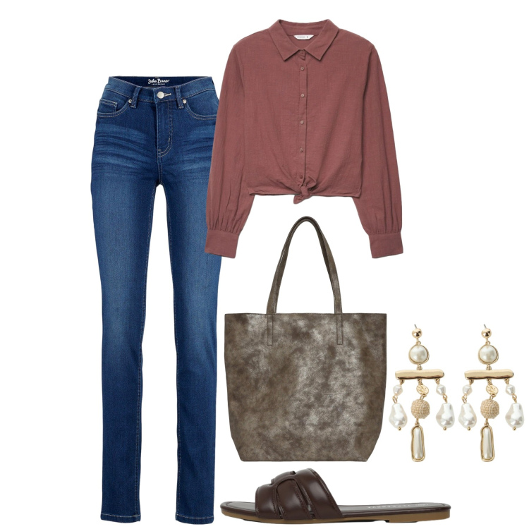 Outfit donna - Casual ma con gli chandeliers. Stile Casual chic per Tutti i giorni. Abbinamento con jeans, shopping bag, camicie, ciabatte, orecchini.