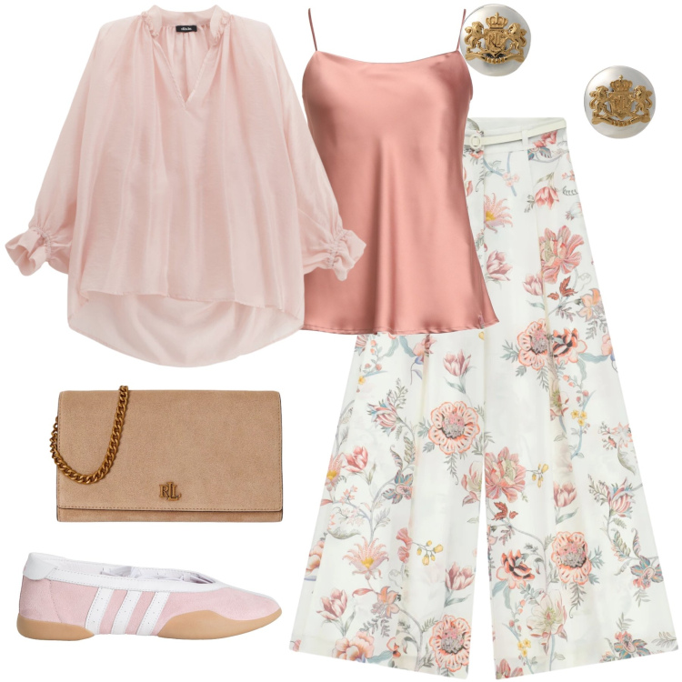 Outfit donna - light spring. Stile Casual per Tutti i giorni. Abbinamento con top, ballerine, pantaloni a palazzo, bluse, orecchini, borse a tracolla.