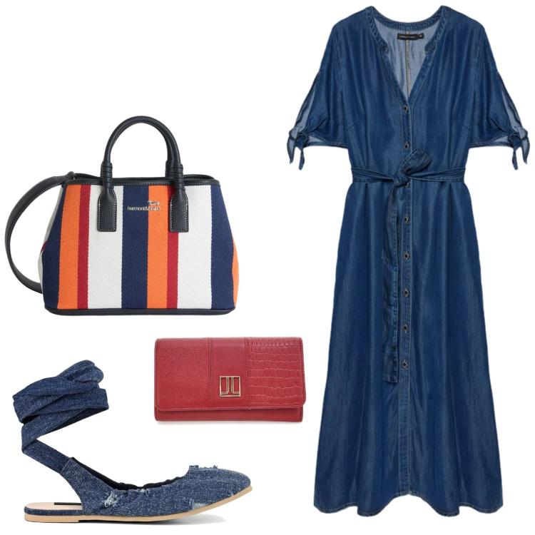Outfit donna - Passi leggeri. Stile Casual chic per Tutti i giorni. Abbinamento con shopping bag, vestiti chemisier, ballerine, portafogli.