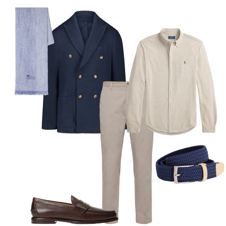 Outfit uomo - Total look #2399673. Stile Business/Elegante per Cerimonia. Abbinamento con cinture, sciarpe, pantaloni chino, giacche, scarpe stringate, camicie.