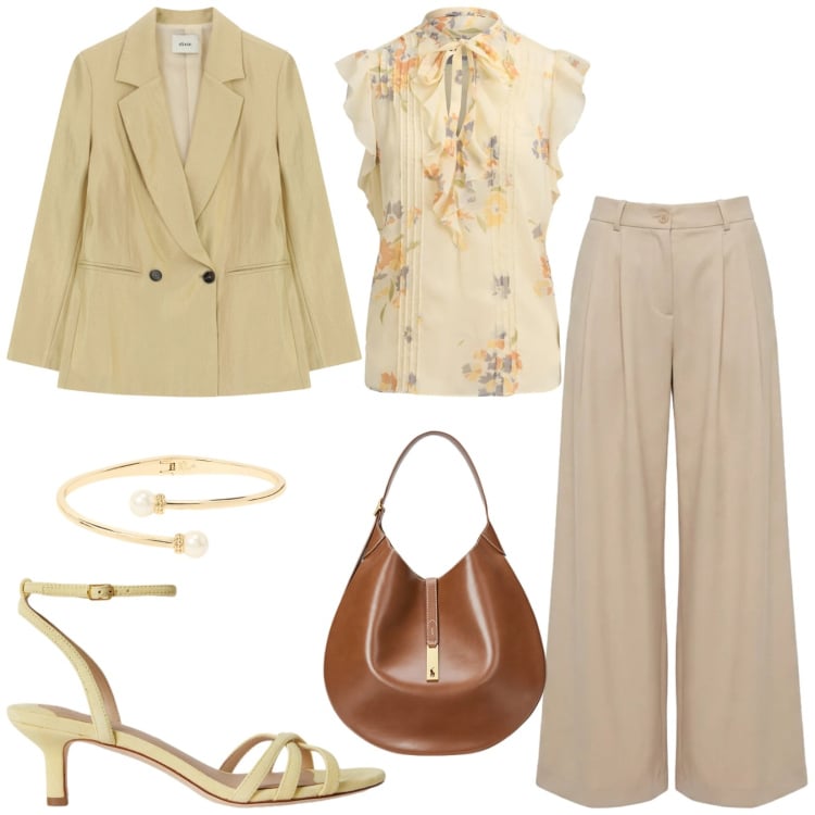 Outfit donna - Total look #2399676. Stile Bon Ton per Cerimonia. Abbinamento con pantaloni, blazer, borse a spalla, braccialetti, sandali col tacco, camicie a manica corta.