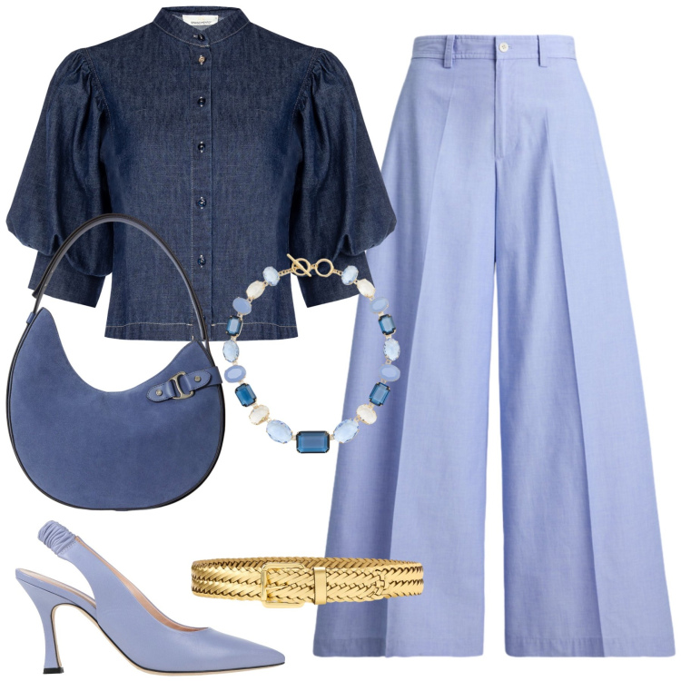 Outfit donna - Blue rainbow. Stile Casual chic per Ufficio. Abbinamento con décolleté, camicie a manica corta, borse a spalla, cinture, pantaloni, collane.