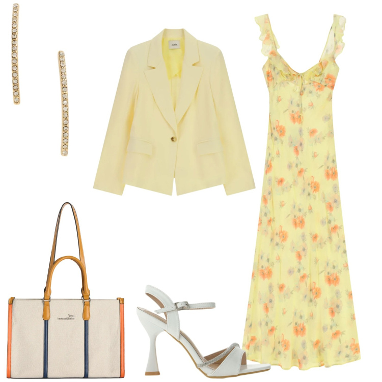 Outfit donna - Total look #2399679. Stile Romantica per Cerimonia. Abbinamento con borse tote, sandali gioiello, vestiti lunghi, blazer, orecchini.