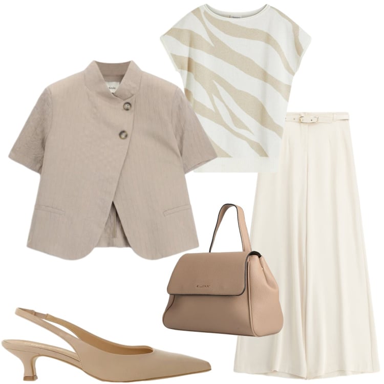 Outfit donna - In ufficio. Stile Casual chic per Ufficio. Abbinamento con zaini, t-shirt, pantaloni a palazzo, décolleté, blazer.